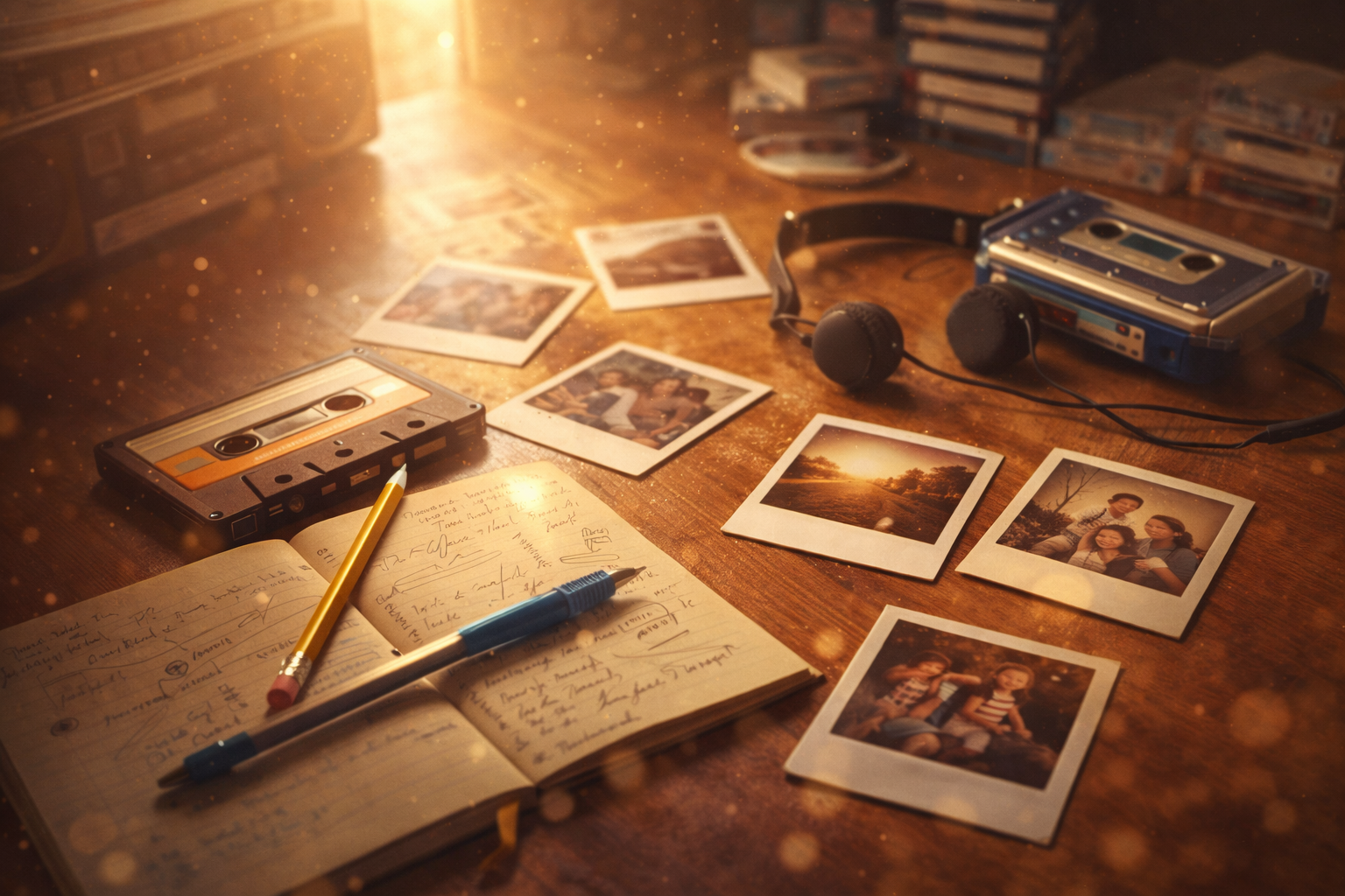 Nostalgic scene with polaroid photos, cassette tape, and handwritten letters on a wooden desk